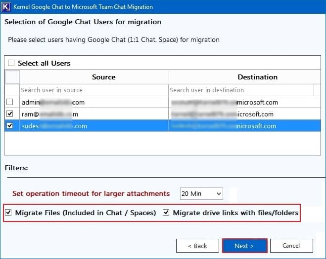 select the mapped users with Google Chat or Space to migrate to Microsoft Teams